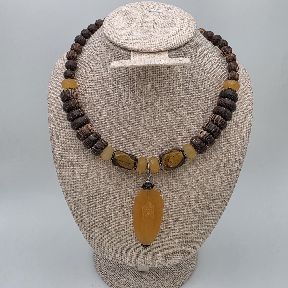 Vtg SILPADA Necklace Honey Jade, Tiger's Eye, 925 Sterling Silver, Wood Bead 16"